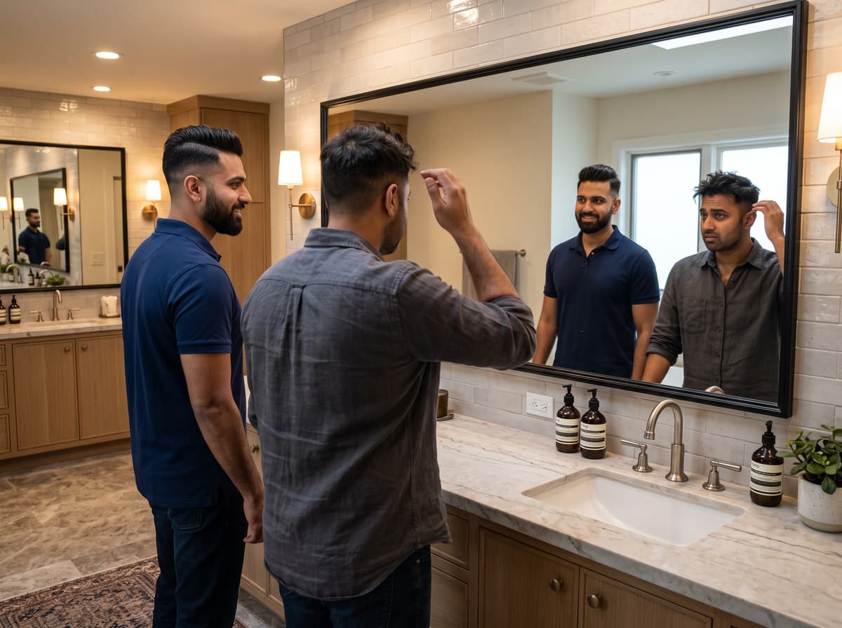 Two men comparing hairstyles in a barbershop mirror — the same cut looking sharp on one and merely average on the other.