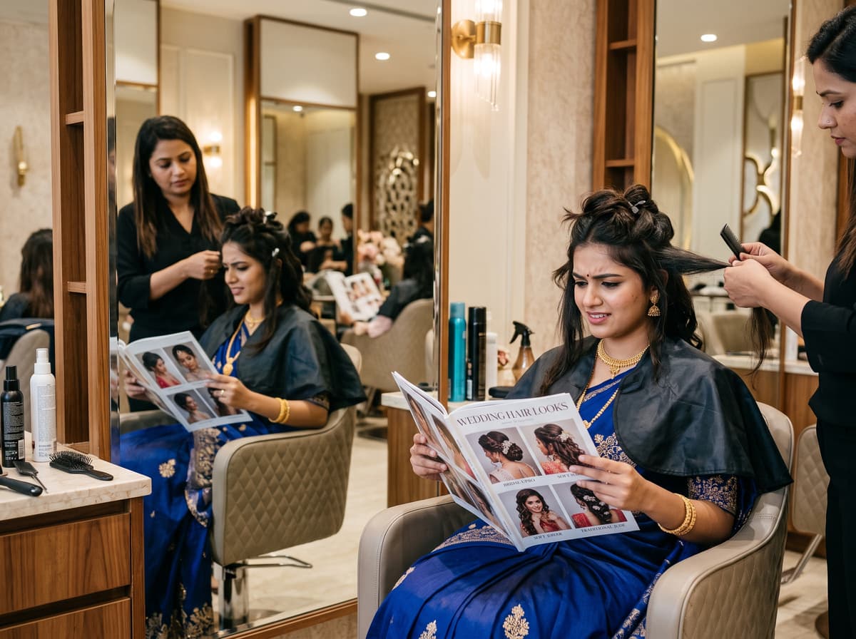 A woman in wedding attire browsing a wedding hairstyles magazine while a stylist works on her hair in a salon.