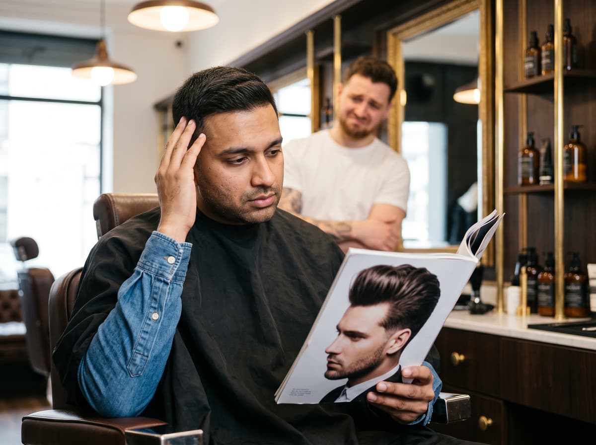 A customer after his haircut, comparing the result to a reference photo in a magazine with a disappointed expression.