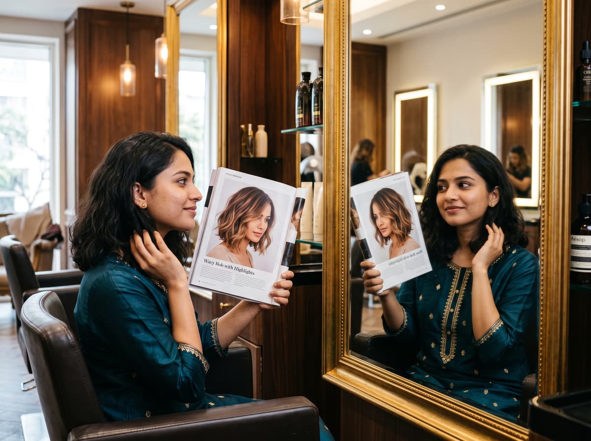 A person holding a hairstyle magazine up to their reflection, imagining a new look before committing to it.